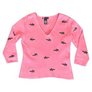 Carole Little Alligator Embroidered V-Neck 3/4 Sleeve Sweater Pink Womens Medium